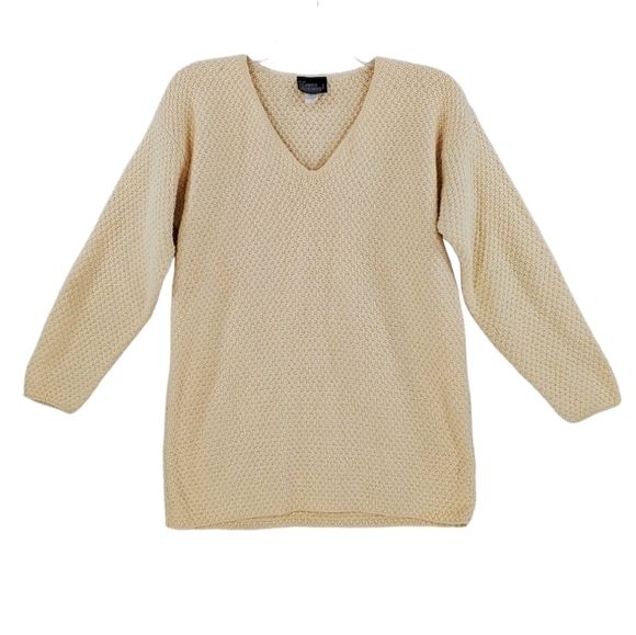Vtg Knits Landing Knit Sweater Womens L Yellow Crocheted  Cotton V-Neck USA Made - Picture 1 of 13